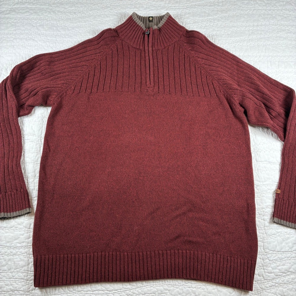 Columbia Quarter Zip Sweater Mens L Burgundy Ribbed Cotton Pullover Roc II Cabin